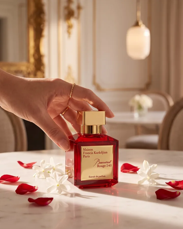 Cenário de campanha premium criado com IA para perfume